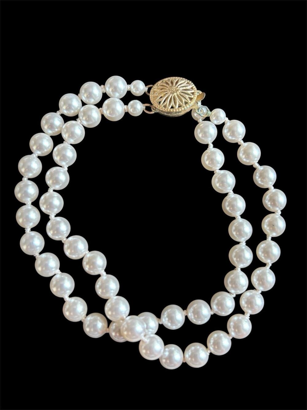 6mm 6.75” Double Strand Faux White Pearl Bracelet 14k GF Clasp
